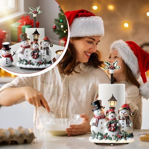 Christmas Snowman Paper Towel Holder with Round Base Christmas Kitchen Bathroom Decor Rustic Metal Snowman Family Dispenser Kitchen Paper Holder Stand for Winter Xmas Countertop Home Accessories (Snowman)