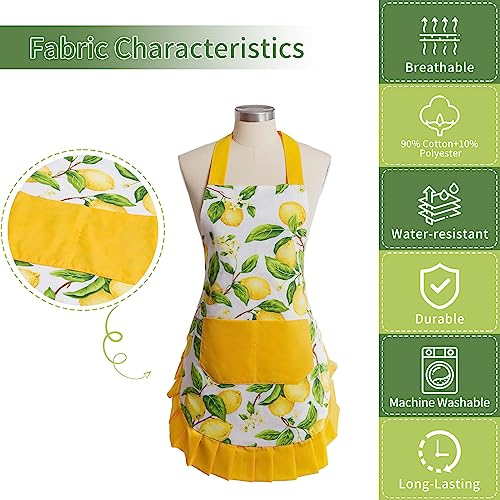 Vintage Floral Apron for Women with Functional Pockets Adjustable Neck Strap for Cooking Baking Mother's Gift (Lemon)