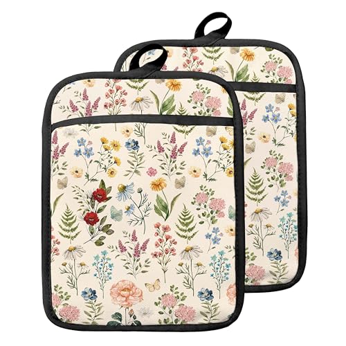Beige Floral Botanical Pot Holders with Pockets (Wildflower-f)