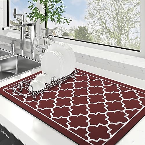 Dish Drying Mat Absorbent Dish Drying Mats for Kitchen Counter 16"x 24" (Stylish Red / 24" x 16")