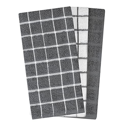 Premium 100% Cotton Terry Check Kitchen Dish Towels (Gray / 3-Pack - Kitchen Towel)
