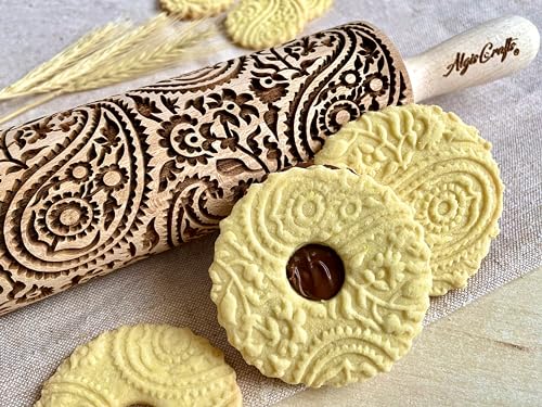 PAISLEY Embossing Rolling Pin with Oriental Pattern. Dough Roller for Embossed Cookies and Pottery by Algis Crafts