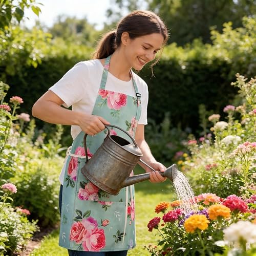 Floral Apron for Women with Pockets Cotton Canvas Waterproof Apron Cooking Baking Painting Gift (Red and Green)