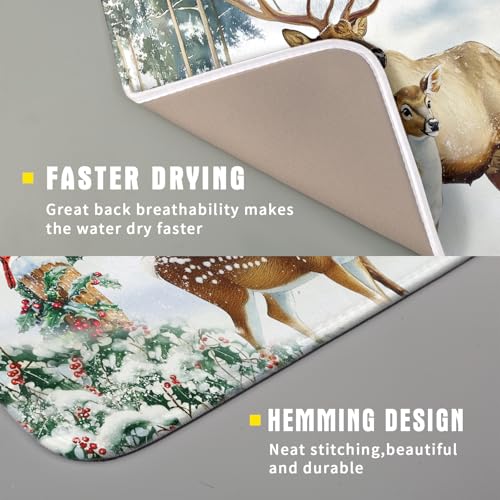 Winter Deer Dish Drying Mat 16"x18" Xmas Tree Bird Holly Berry Dish Drainer Mats Elk Moose Snow Cottage Farmhouse Reversible Small Dish Drying Pad Protector for Kitchen Countertop Decor (18" x 16")