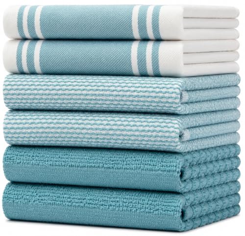 Premium Kitchen Towels 6 Pack 100% Cotton 20"x28" Dish Towels (Aqua Wide Stripe / Kitchen Towels - Mixed Styles (6 Pack))
