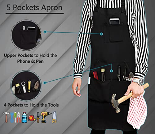 Work Aprons for Men (Black - 5 Pockets - Pack of 1 / Heavy Apron)