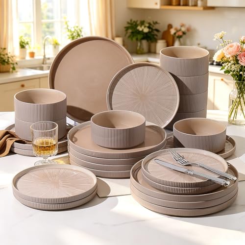 Stoneware Dinnerware Sets for 4 (Warm Brown / 4-Set(12pcs))