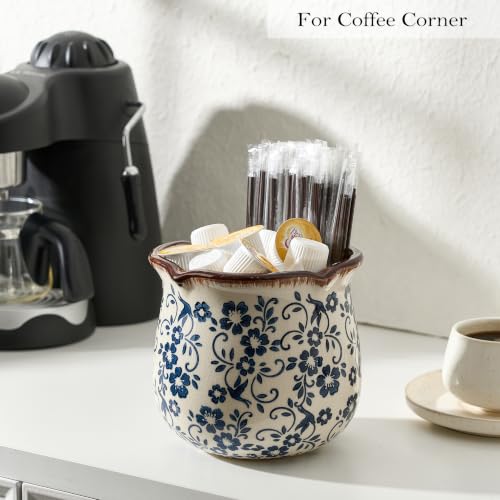 5.75" H Blue Wide Cooking Utensil Holder for Kitchen Counter (Blue Chinoiserie Floral)