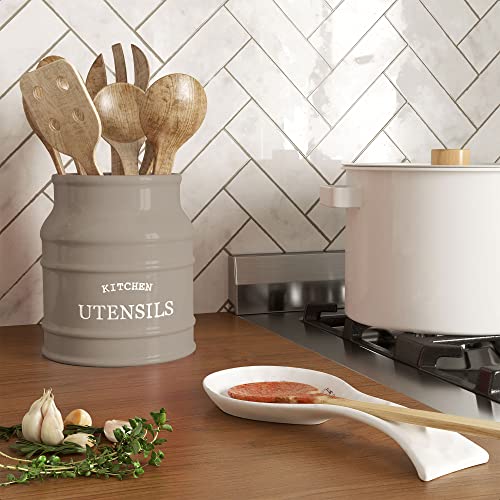 Ceramic Kitchen Utensil Holder Countertop 6.75″ (Taupe)