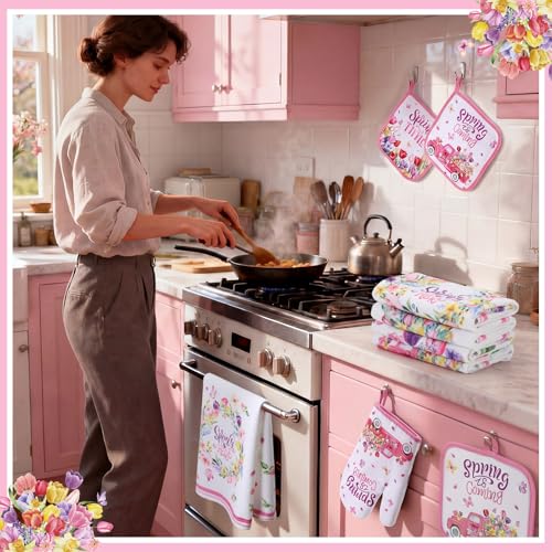 12 Pcs Spring Kitchen Accessories Set Floral Kitchen Towels Oven Mitts and Pot Holders (Spring Tulip)