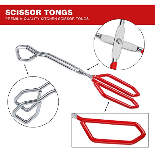 Stainless Steel Scissor Tongs Heavy Duty Cooking Tongs with Soft Handles (red 11"+11")