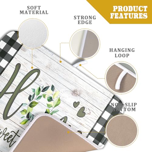 Home Sweet Home Dish Drying Mat 16x18 Inch Spring Summer Green Leaf Wreath Dish Drainer Mats Rustic Wood Board Microfiber Dish Drying Rack Pad for Kitchen Countertop Farmhouse Decor (18" x 16")