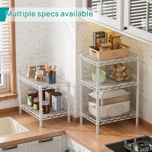 Small Shelves Kitchen Storage Shelf Wire Shelving Metal Adjustable (White / 2 Tier 11.6"Dx17.6"Wx12"H)