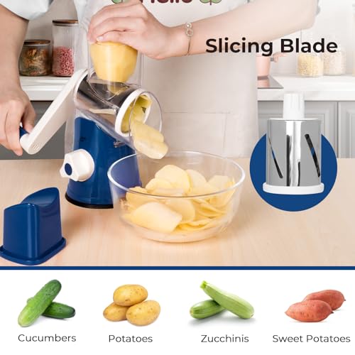3‑Blade Rotary Cheese Grater for Kitchen (3 blades / Dark Blue)