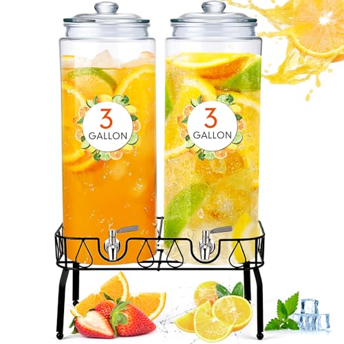 2 Pack 3 Gallon Glass Drink Dispenser for Parties Glass Beverage Dispenser with Stand and Spigot Leakproof Iced Water Storage Lemonade Juice Jar Mason with Lids for Wedding Parties Kitchen (3 Gallon)