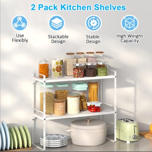 Set of 2 Expandable Cabinet Shelf Organizer (2 Pack:13.8"-21.6"Long / White)