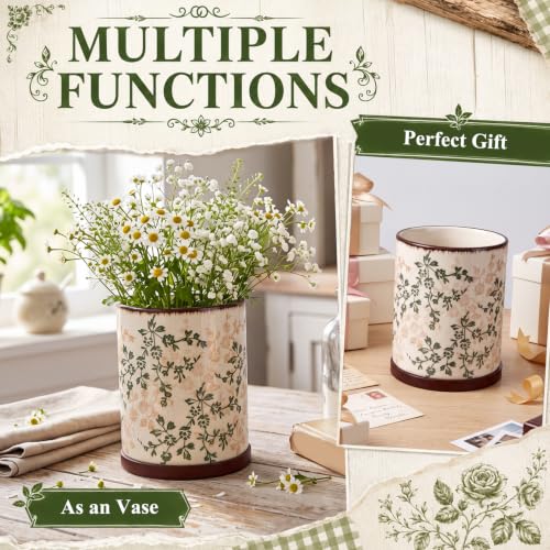 Rustic Rotating Ceramic Utensil Holder Brown Green Floral 6.9" (Brown Green Floral / 6.9" / Rustic Rotating)