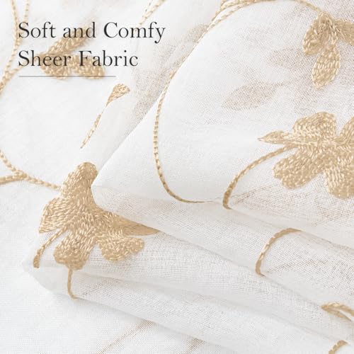 Yellow Sheer Curtains 63 Inch Length 2 Panels Yellow and White Embroidered Floral Pattern Semi Sheer Window Curtains for Bedroom Living Room (52"W x 63"L (Pack of 2) / White & Yellow)