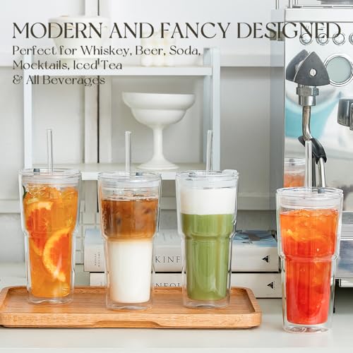 2PCS 20oz Double Wall Glass Tumblers with Lids and Straws