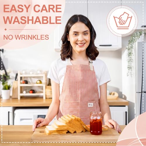 24 Pcs Aprons for Women Men with 2 Pockets Linen Cooking Kitchen Apron Adjustable Bib Chef Apron Bulk Aprons Unisex (Red / Thin Stripes)