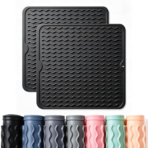2 Pack Caketime Silicone Dish Drying Mat for Kitchen Counter Under Sink Protector Organizers Cooking Baking Espresso Machine Accessories Coffee Mats Appliance Stone Rack Trays Drain 12"x12" Black (Black / 12"*12")