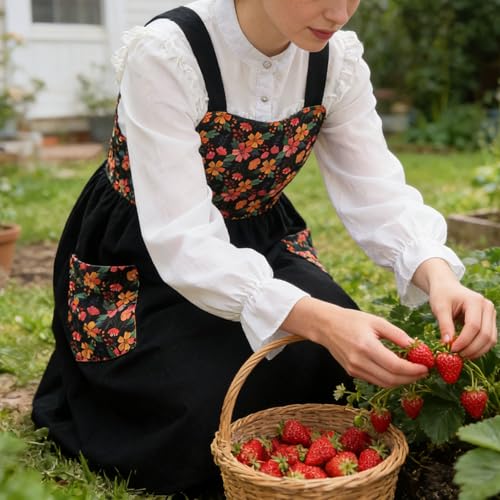 Cotton Linen Apron Cross Back Apron for Women with Pockets Pinafore Dress (Floral Black)
