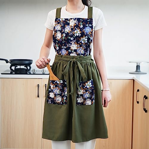 Vintage Pinafore Apron Dress for Women with Pockets Cute Floral Chef Aprons for Kitchen Cooking Baking Gardening (Olive Green)