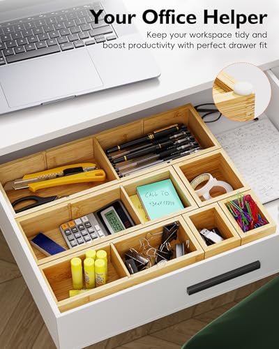 Bamboo Drawer Organizer Set (12 Compartments)