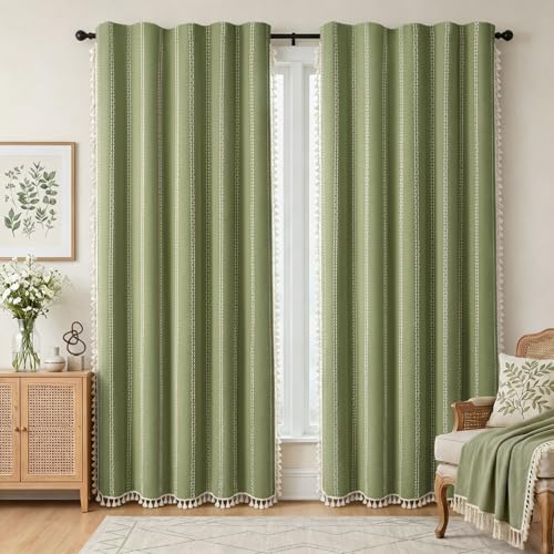 Olive Green 100% Boho Blackout Curtains 84 Inch 2 Panels (Olive Green / 52"W x 84"L (Pack of 2))