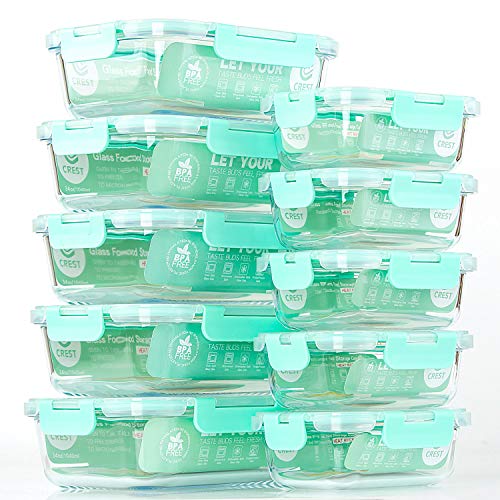 10 Pack] Glass Food Storage Containers with Lids (Light Green)