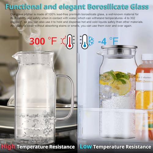 2 Pack 2 Liter 68 oz 2.1 Qt Glass Pitcher with Lid and Handle (Clear / 68 Ounces (2 Pack))