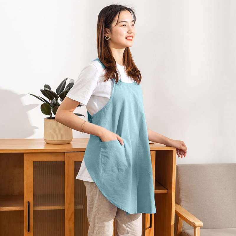 Cotton Cross Back Aprons Solid Color Cooking Kitchen Garden Smock for Women Girls with Pockets (Green / 37W x 32L)