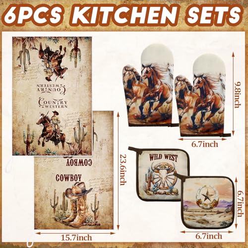 6 Western Kitchen Towels Oven Mitts and Pot Holders Sets (Brown / Western)