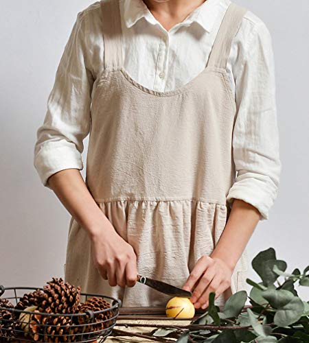 Women Girls Vintage Cute Apron Gardening Works Cross Back Cotton (Beige / 32.3" x 41.3")