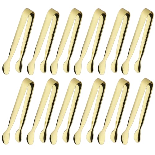 12PCS Ice Tongs Mini Sugar Tong 4.25Inch Stainless Steel Small Serving Tongs (12PCS Gold)