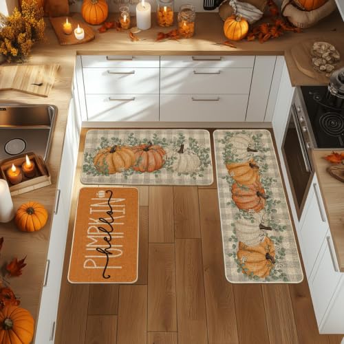 OrangeFall Kitchen Mats Set of 3 (17" x 29" /17" x 36" /17" x 47" / Orange)