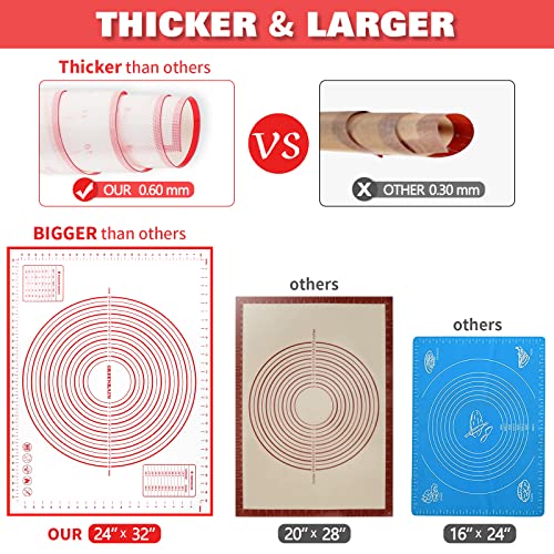 Silicone Pastry Mat Extra Thick Large Non Stick Baking Supplies Kitchen Counter Cooking Rolling Dough Sheet Pie Crust Sourdough Bread Oven Liner with Measurement (32"L x 24"W / 1#Red)