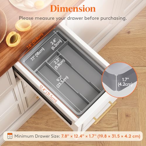 Silverware Drawer Organizer Tray (Gray / 7.8 x 12.4 inch (4 Slots))