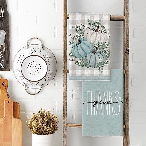 Blue Pumpkin Leaves Fall Kitchen Towels Set of 4 18x26 Inch (Blue)