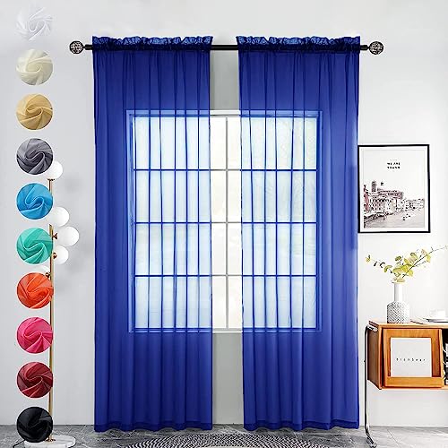 Solid Sheer Rod Pocket Curtain Voile Draperies 2 Panels White Beige Black Grey Coffee 52 Inch Width 63 Inch Long 1 Pair for Kitchen Bedroom Children Living Room Yard (Blue Sapphire / 52"W x 63"L (Pack of 2))