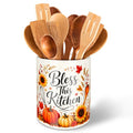 Fall Ceramic Utensil Holder for Kitchen Counter Autumn Utensil Crock with Pumpkin Sunflower Design for Farmhouse Thanksgiving Kitchen Decor (Sunflower)