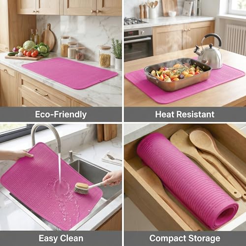Silicone Dish Drying Mat for Multiple Usage (Rose / 28"L x 18"W)