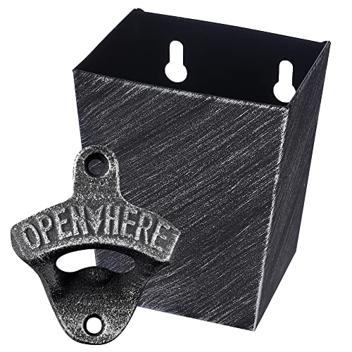 Old Fashioned Cast Iron Beer Cap Opener Wall Mounted Bottle Opener with Cap Catcher Narrow Bundle (Aged Silver)