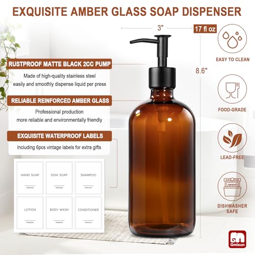 Amber Glass Soap Dispenser (Amber Bottle + Black Long Pump / 2 Pack)