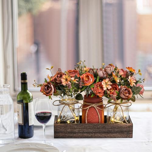 3 Pcs Mason Jar Centerpiece Table Decorations for Dining Table Decor Farmhouse Coffee Table Decor with Wood Tray and Led Light Table Centerpieces for Dining room Kitchen Living Bathroom (orange)