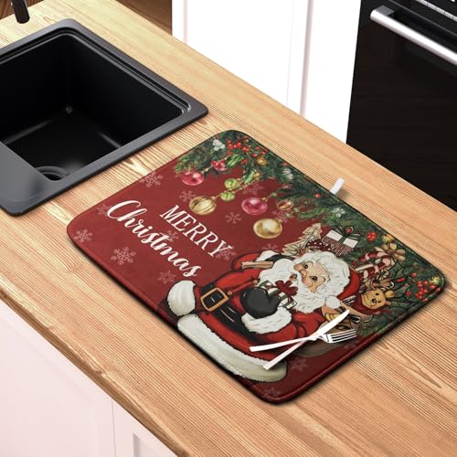 Merry Christmas Dish Drying Mat Santa Claus Kitchen Drainer Mats Microfiber Absorbent Winter Xmas Holiday Dishes Pad Reusable Dish Rack Mat for Countertop Tableware Decor 18x24 Inch (Christmas Santa Claus Red / 18" x 24")