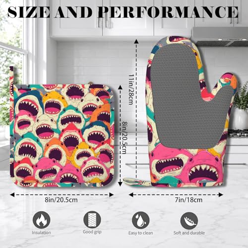 Colorful Shark Oven Mitts and Pot Holders Sets Angry Sharks Non (Colorful Shark)