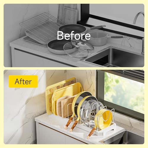 Pots and Pans Organizer under Cabinet (White / 10 Adjustable Dividers)