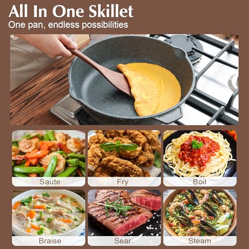 Nonstick Deep Frying Pan Skillet (Gray / 12-inch/5QT)