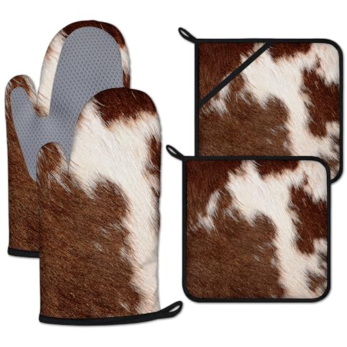 Brown Cow Print Oven Mitts and Pot Holders Sets Heat Resistant 4Pcs Potholders Oven Gloves Hot Pads for Kitchen Baking Cooking Grilling BBQ (Brown Cow Print)